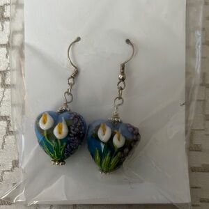 Glass Heart-Shaped Floral Earrings
